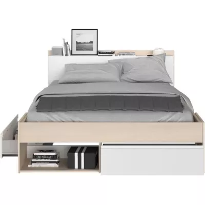 Lit adulte COMBO 140x190/200 cm -Acacia et blanc - 3 Tiroirs - PARISOT