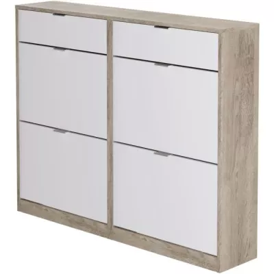 Meuble a chaussures - 4 portes 2 tiroirs - Chene et blanc - 124x25x99