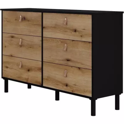 Commode SAMANTHE 6 tiroirs - Décor noir et chene - L 140 x P 40 x H 9