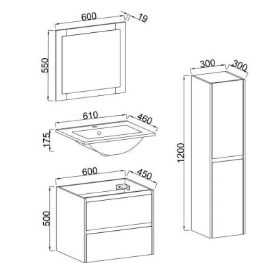 Ensemble TIMBER, set de salle de bain 60, vanity+vasque+miroir & colon