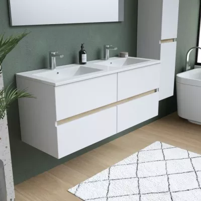 Ensemble Totem Blanc 120 avec vasque double, miroir & colonne