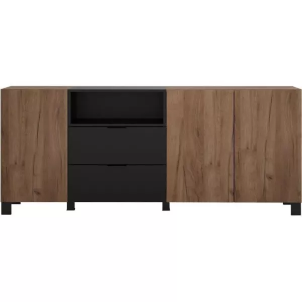 Buffet KENDO - Décor chene ambré et noir mat - 3 portes + 2 Tiroirs - L185 x P40 x H78 cm - TRENDTEAM