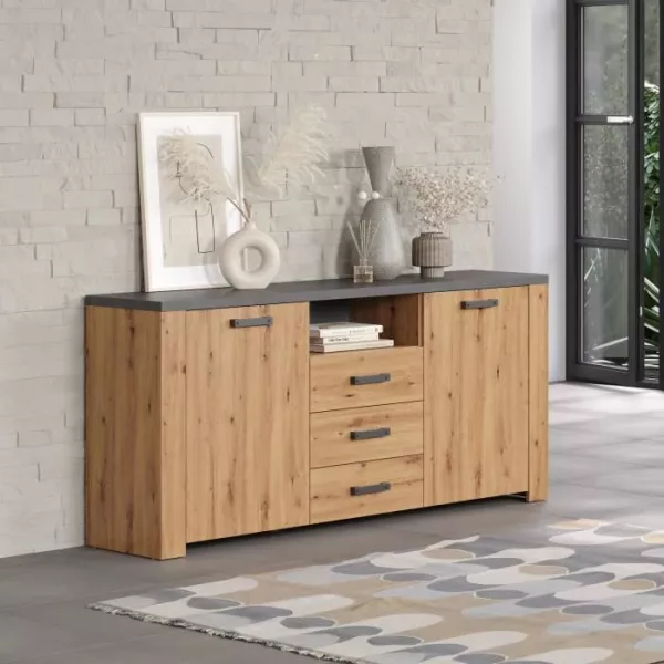 FOLLOW Sideboard - Melamine chine artisan and slate grey - 2 Doors + 3 Drawers - L180 x D40 x H83 cm - TRENDTEAM