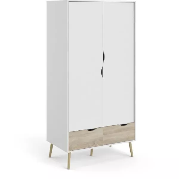 Armoire - Blanc / Chene - 2 portes / 2 tiroirs - Pietement évasé en bois massif - Chambre - 98,7 x 58,1 x 200,1 cm - TVILUM