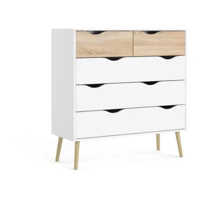 Commode 5 tiroirs - Blanc / Chene - Pietement évasé en bois massif -