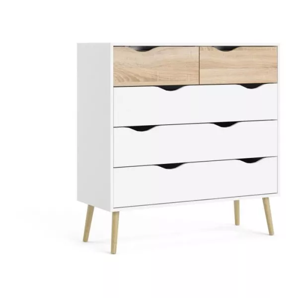 Commode 5 tiroirs - Blanc / Chene - Pietement évasé en bois massif - 98,7 x 39,1 x 100,9 cm - TVILUM