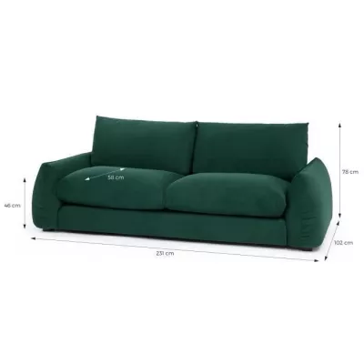 Canapé fixe 3 places TYFA - Velours vert bouteille - L 231 x P 102 x