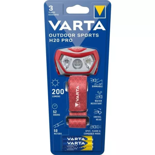 Frontal-VARTA-Outdoor Sports H20 Pro-200lm-Dimmable-IPX4-LED red-3 light modes-White and red light-3 AAA batteries included