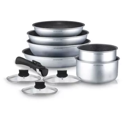 Ensemble de cuisine Arthur Martin AM167S 10pcs - Aluminium - Poignée amovible - Induction - Compact