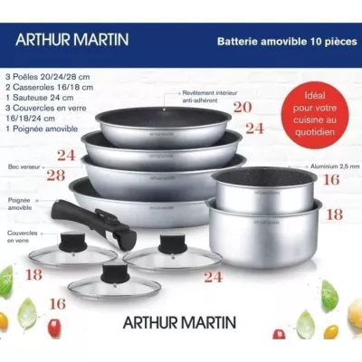 Ensemble de cuisine Arthur Martin AM167S 10pcs - Aluminium - Poignée amovible - Induction - Compact