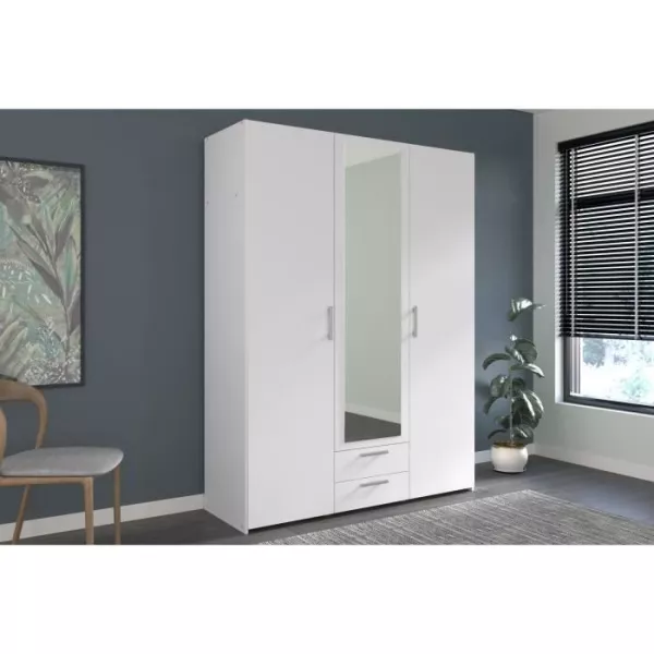 Armoire VARIA - Décor blanc - 3 portes + 2 tiroirs + miroir - L 150 x H 200 x 51 cm