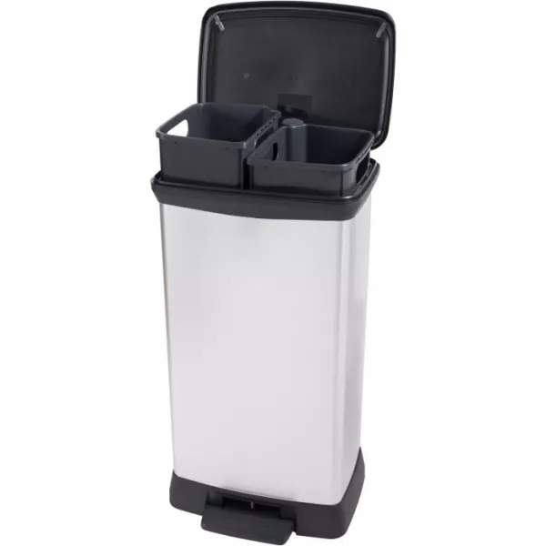 Poubelle Duo Rectangle - DECO BIN - CURVER - 46L (23+23L) - Double compartiment - 39 x 29 x 72 cm - Gris métallisé