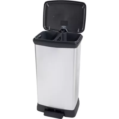 Poubelle Duo Rectangle - DECO BIN - CURVER - 46L (23+23L) - Gris métallisé