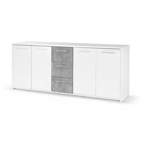 Buffet bas - Panneaux de particules - Blanc et décor gris béton - 4 portes + 3 tiroirs - L 179 x P 42 x H 74,5 cm