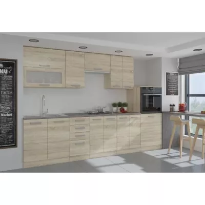 LASSEN Cuisine complete L 300 cm avec demi-colonne four et hotte - Décor chene sonoma