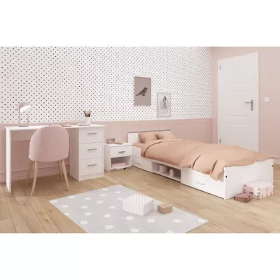 Chambre complete enfant 3 pieces ZODIAC - Lit + chevet + bureau - Décor blanc - PARISOT