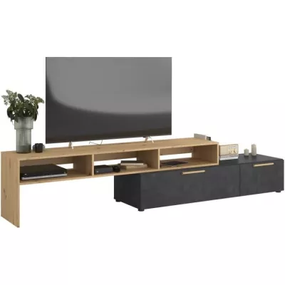 Meuble TV RAW - Décor chene et Steam Black - 1 abattant + 1 tiroir - 4 modulations au choix - L250 x H 50 x P 46.6 cm