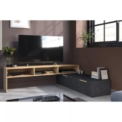 Meuble TV RAW - Décor chene et Steam Black - 1 abattant + 1 tiroir - 4 modulations au choix - L250 x H 50 x P 46.6 cm