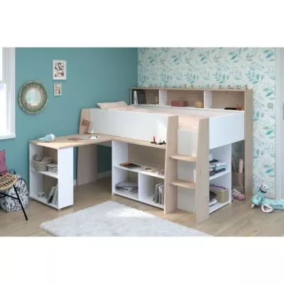 PARISOT Lit combiné enfant avec bureau rétractable - Décor blanc et chene - 90x 200 cm - Sommier inclus -THEO