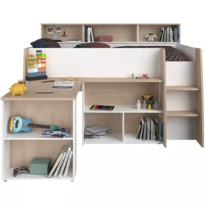 PARISOT Lit combiné enfant avec bureau rétractable - Décor blanc et chene - 90x 200 cm - Sommier inclus -THEO