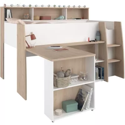 PARISOT Lit combiné enfant avec bureau rétractable - Décor blanc et chene - 90x 200 cm - Sommier inclus -THEO