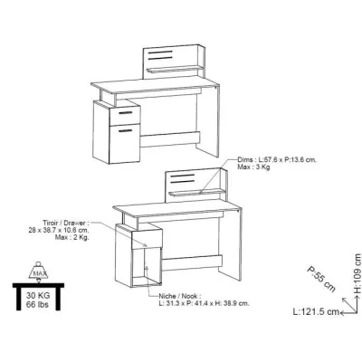 Straight desk - White and grey - Contemporary - W 121.5 x H 109.7 x D 55.1 cm - 1 door 1 drawer - PLATON