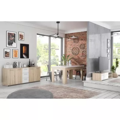 Ensemble Meuble TV Buffet & Table a manger - Pilvi - Chene Sonoma / Blanc mat - 5 portes - 3 tiroirs