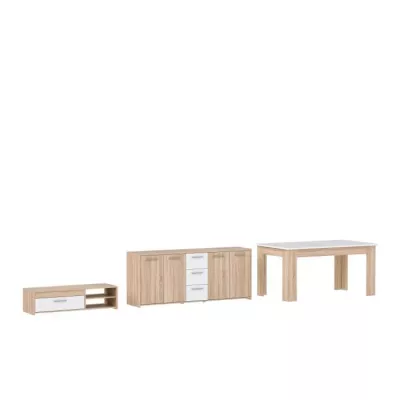 Ensemble Meuble TV Buffet & Table a manger - Pilvi - Chene Sonoma / Blanc mat - 5 portes - 3 tiroirs