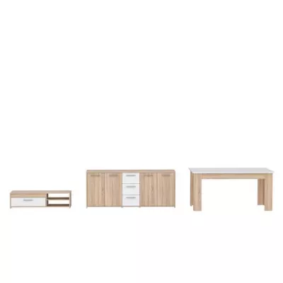 Ensemble Meuble TV Buffet & Table a manger - Pilvi - Chene Sonoma / Blanc mat - 5 portes - 3 tiroirs