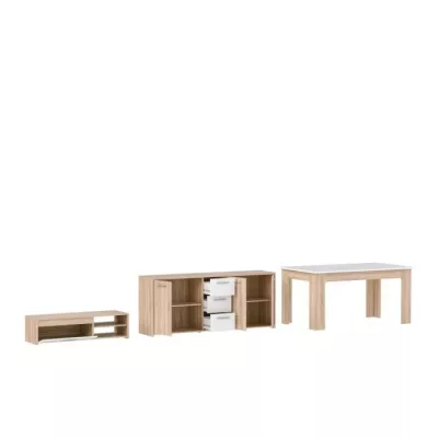 Ensemble Meuble TV Buffet & Table a manger - Pilvi - Chene Sonoma / Blanc mat - 5 portes - 3 tiroirs