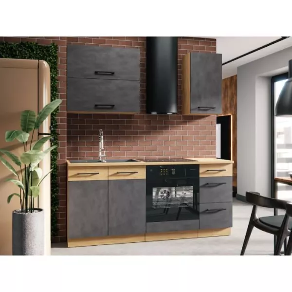 Cuisine complete ROCK L180 cm - 5 éléments + meuble four - Mélaminé décor chene lancelot et gris matera - Plan de travail n