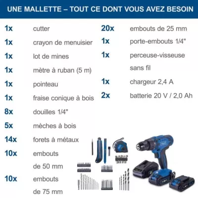 Perceuse-visseuse SCHEPPACH - 20V IXES - 50 Nm mandrin 13mm + 2 batteries + chargeur + 74 accessoires + Coffret - C-DTB74/2-X