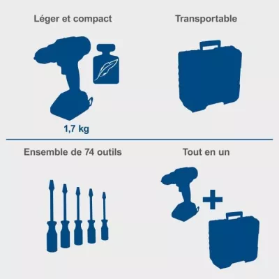 Perceuse-visseuse SCHEPPACH - 20V IXES - 50 Nm mandrin 13mm + 2 batteries + chargeur + 74 accessoires + Coffret - C-DTB74/2-X