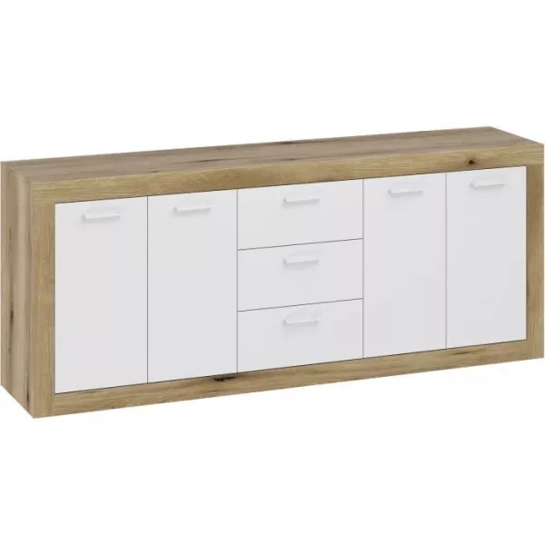 Buffet Mélamine chene rustique et blanc mat - 4 portes et 3 tiroirs STONE