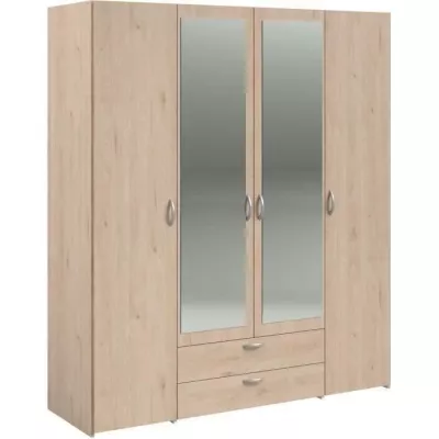 Armoire VARIA - Décor chene - 4 portes - 2 tiroirs - Portes centrales avec miroirs - 159,9 x 185 x 51,7