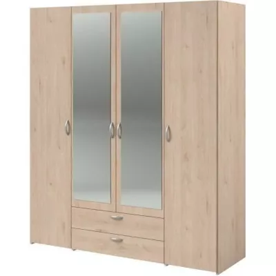 Armoire VARIA - Décor chene - 4 portes - 2 tiroirs - Portes centrales avec miroirs - 159,9 x 185 x 51,7