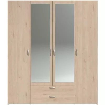 Armoire VARIA - Décor chene - 4 portes - 2 tiroirs - Portes centrales avec miroirs - 159,9 x 185 x 51,7