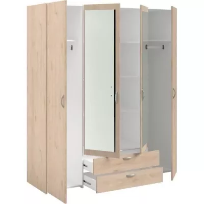 Armoire VARIA - Décor chene - 4 portes - 2 tiroirs - Portes centrales avec miroirs - 159,9 x 185 x 51,7