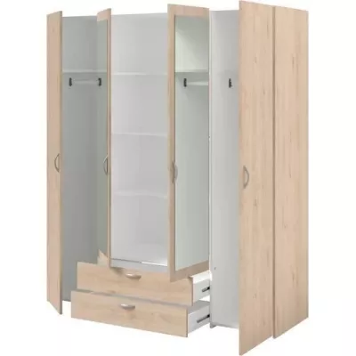 Armoire VARIA - Décor chene - 4 portes - 2 tiroirs - Portes centrales avec miroirs - 159,9 x 185 x 51,7