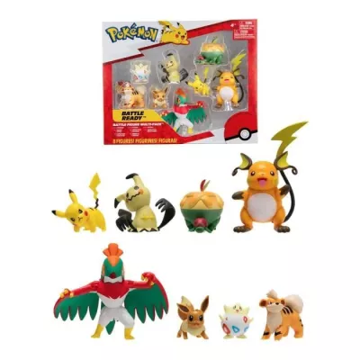 8 Battle figures BANDAI - Pokémon - Pikachu, Evoli, Dratatin, Togepi, Caninos, Mimiqui, Raichu and Brutalibré