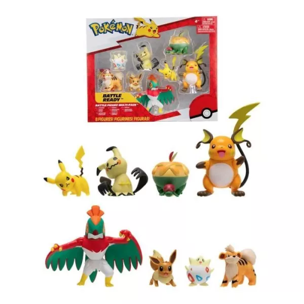 8 Battle figures BANDAI - Pokémon - Pikachu, Evoli, Dratatin, Togepi, Caninos, Mimiqui, Raichu and Brutalibré