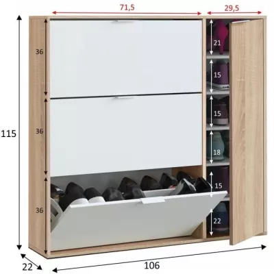 Meuble a chaussure - CLASS - 3 tiroirs abattants et 1 porte - Chene canadien et blanc - 106x115x22cm