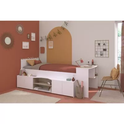 Lit combiné enfant avec rangements et bureau CLoe - 90 x 200 cm - Décor blanc et chene - PARISOT