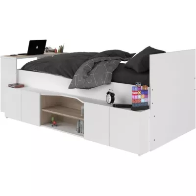 Lit combiné enfant avec rangements et bureau CLoe - 90 x 200 cm - Décor blanc et chene - PARISOT