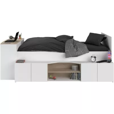 Lit combiné enfant avec rangements et bureau CLoe - 90 x 200 cm - Décor blanc et chene - PARISOT