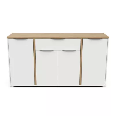 Ensemble Salon ACCESS : Table basse + Banc TV + Enfilade 4 portes - Decor chene Hamilton et blanc