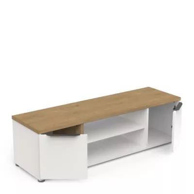 Ensemble Salon ACCESS : Table basse + Banc TV + Enfilade 4 portes - Decor chene Hamilton et blanc