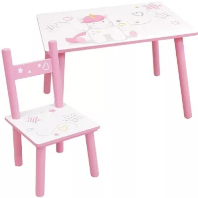 FUN HOUSE - Unicorn table h 41.5 cm x W 61 cm x D 42 cm with chair h 49.5 cm x W 31 cm x D 31.5 cm for children