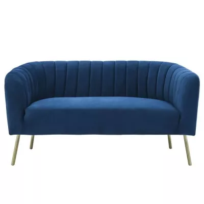 MATHIS Canapé rétro 2 places - Velours bleu et structure bois massif - L 167 x P 70 x H 71 cm