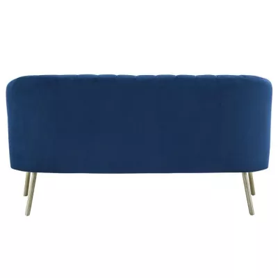 MATHIS Canapé rétro 2 places - Velours bleu et structure bois massif - L 167 x P 70 x H 71 cm